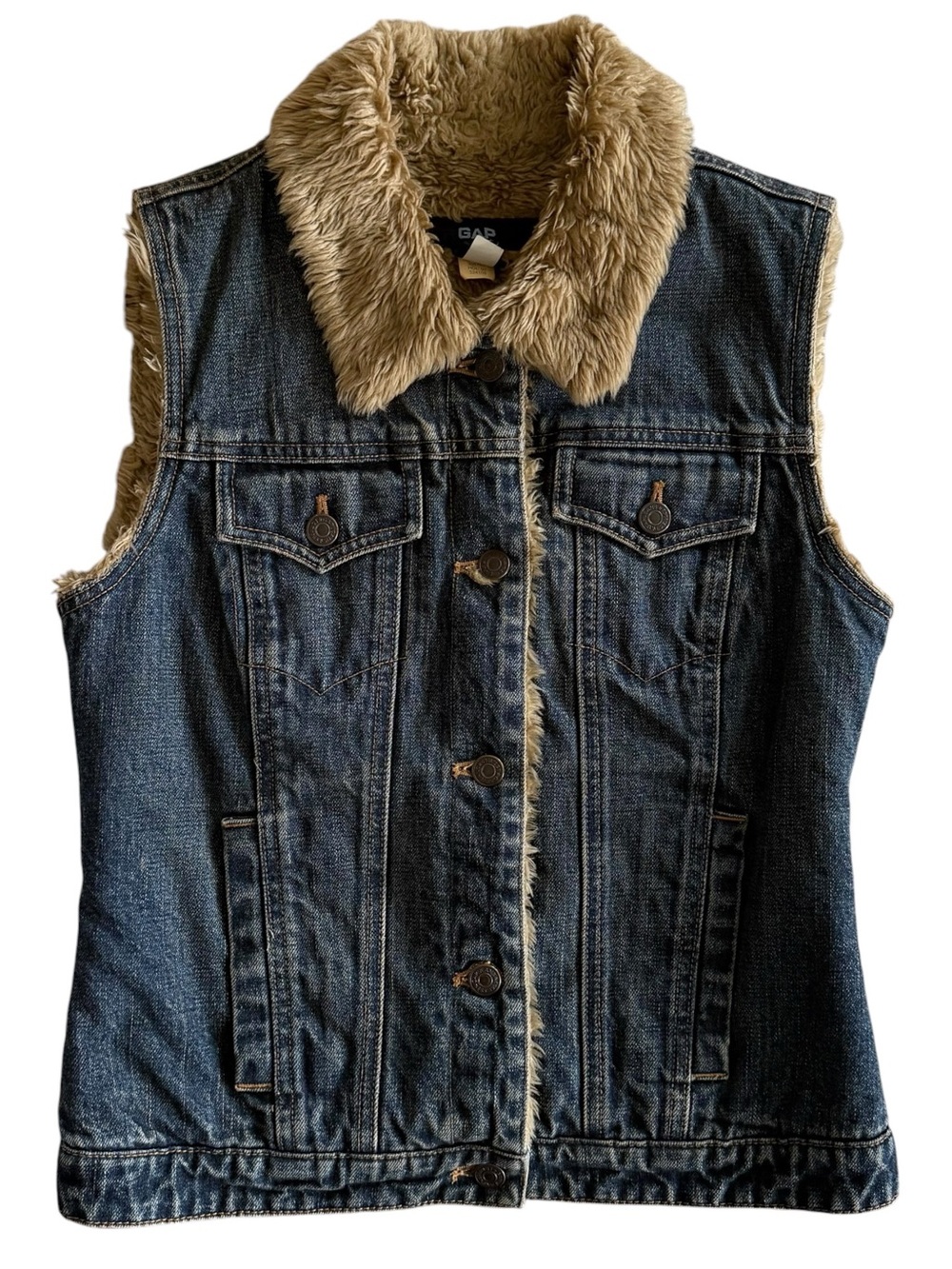 VTG Y2K Gap Women's Denim Vest Faux Fur Lined Size Small Sherpa Boho Festival
